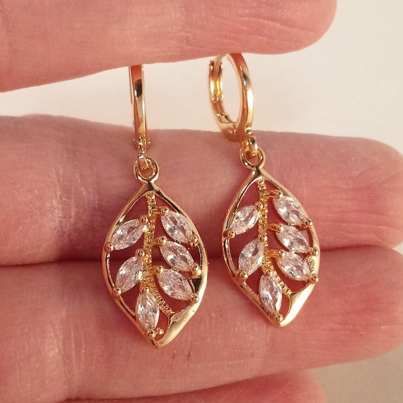 18K Yellow Gold Filled Flower Leaf Marquise Diamond Topaz Zircon Dangle Earrings - Picture 1 of 4